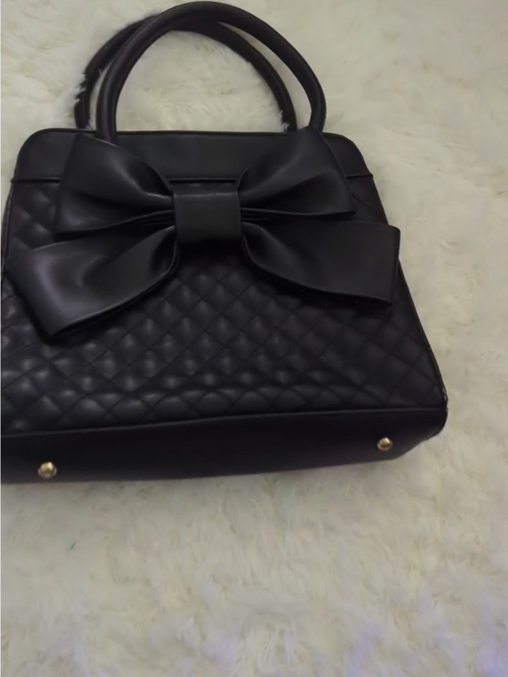 Quilted Bow Accent Black Satchel Handbag - Picture 2 of 11